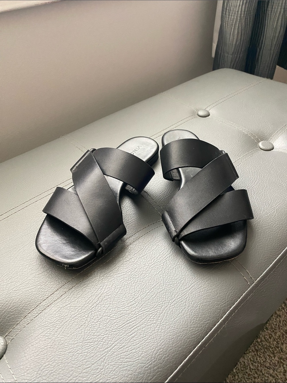 Vince Camuto Women’s Black Crisscross Leather Slide Sandals